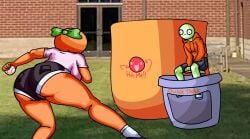1girl1boy ass bald_male ball black_eyes chetoh clothed clothed_female concerned concerned_look craig_(chetoh) dunk_tank english_text green_body hoodie leaf leaf_hair mandy_(chetoh) oc orange orange_body original original_character original_characters photo_background pink_shirt rear_focus rear_view red_hoodie shirt shoes shorts socks text throwing