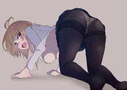 1girl :o all_fours antenna_hair arcueid_brunestud ass ass_focus big_ass black_pantyhose blonde_hair blue_skirt blush breasts clothes_lift fang from_behind hanging_breasts higurashi_(kenju) huge_ass jewelry looking_at_viewer looking_back miniskirt necklace no_shoes open_mouth panties panties_visible_through_clothes pantyhose plaid_clothes plaid_skirt red_eyes short_hair sidelocks simple_background single_hair_intake skirt solo sweat sweater sweater_lift tsukihime tsukihime_(remake) underboob underwear white_panties