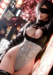2b_(nier:automata) big_breasts black_hair blender breasts female female_only final_fantasy final_fantasy_vii girls hi_res highres jul3d jul3dnsfw large_breasts long_hair makeup nail_polish night solo tifa_lockhart uncensored