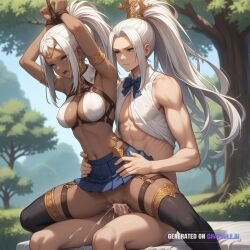 1girl ai_assisted ai_generated blue_skirt bowtie cock_in_pussy collar collared_shirt colored_skin cowgirl creampie embarrassed final_fantasy_xiv grey_eyes grey_sclera harness headpiece inside leaning_forward long_hair moaning outside parted_bangs pleated_skirt ponytail pussy_sex saliva shaking side_view spread_legs tree very_dark_skin white_hair white_shirt white_thighhighs