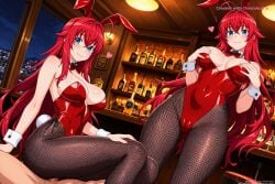 1_girl 1girl ai_assisted ai_generated anal anal_sex angle bar_(place) black_pantyhose blue_eyes blurry_background breasts bunny_ears cleavage clothed clothes detached_collar dick fake_animal_ears female_focus fishnet_pantyhose from_bottom_to_top heart indoors leaning_forward looking_at_viewer medium_breasts night no_panties no_underwear pussy red_bow red_hair red_leotard rias_gremory smile standing top wrist_cuffs