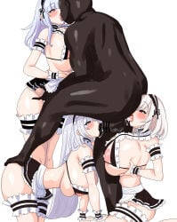 1boy 3girls areola azur_lane bar_censor belfast_(azur_lane) blowjob blush breasts censored dark-skinned_male dark_skin dido_(azur_lane) fellatio fffm_foursome foursome french_kiss headdress huge_breasts kissing licking_ass light-skinned_female light_skin maid nipple oral penis pillke_(pillke50) rimjob rimming royal_navy_(azur_lane) simple_background sirius_(azur_lane) white_background