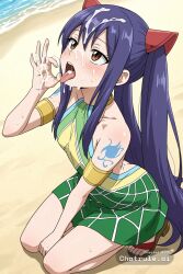1girl ai_assisted ai_generated armband armlet awaiting_cum backless_outfit bare_shoulders beach blue_hair brown_eyes cum_in_hair cum_on_face cum_on_hands fairy_tail fellatio_gesture female female_only full_body green_dress hair_ornament halterneck kneeling long_hair multicolored_dress naked open_mouth oral_invitation sandals shoulder_tattoo sleeveless_dress tongue_out twintails view_from_above wendy_marvell