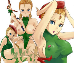 armpits arms_up beret blonde_hair blue_eyes blush bodypaint braid breasts cammy_white capcom erect_nipples female female_only fingerless_gloves gloves hair hair_held_back hat human leotard long_hair nipples sararajin scar solo straight_hair street_fighter twin_braids