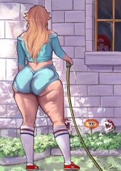 1boy 1girls ass blonde_hair cellulite flower from_behind hose long_hair mario mario_(series) rosalina short_shorts super_mario_galaxy thick_ass thick_thighs ved_art2 watering_plants wide_hips