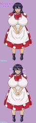 apron asking_for_help big_breasts blue_eyes boots doll dollification dress enslaved female_only femsub huge_breasts large_breasts latex lipstick long_hair necklace objectification original purple_hair red_dress rubber rubberization smile stepfordization text usakiki