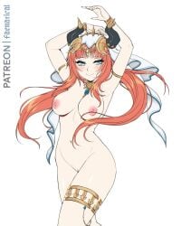 1girl armlet arms_up artist_name black_horns blue_eyes bracelet breasts closed_mouth commentary cowboy_shot faenatical fake_horns genshin_impact highres horns jewelry lips long_hair looking_at_viewer medium_breasts navel nilou_(genshin_impact) nipples patreon_username pussy red_hair simple_background smile solo thighlet uncensored veil white_background white_veil