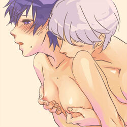 bare_shoulders blue_eyes blue_hair breast_grab breasts closed_eyes couple from_behind hands kissing lips love lowres mhr moan moaning narukami_yu nipple_tweak nipples nude open_mouth persona persona_4 purple_hair seta_souji sex shirogane_naoto short_hair sweat topless white_hair