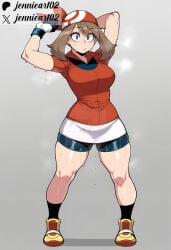 1girl ai_generated arms_behind_head arms_up artist_name bandana bike_shorts bike_shorts_under_skirt black_socks breasts brown_hair closed_mouth clothing collared_shirt female footwear full_body gloves grey_background jennieart02 large_breasts looking_at_viewer may_(pokemon) medium_hair multicolored_gloves patreon patreon_logo patreon_username pokemon red_bandana red_shirt shirt shoes short_sleeves shorts simple_background skirt socks solo spats standing steaming_body sweat thick_thighs thighs twitter twitter_username two-tone_gloves watermark white_skirt