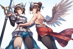 1boy 1girl ai_assisted ai_generated armor armored_boots armored_dress black_bodysuit bodysuit brown_hair curvy_body femboy greaves green_eyes hug hugging_from_behind looking_back narrow_waist nervous_expression nervous_smile pantyhose penis_bulge red_skirt single_hair_bun standing tight_shorts topless trails_of_cold_steel view_from_below wide_hips wing_ornament