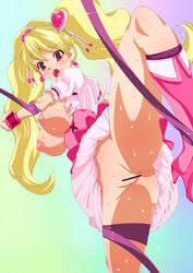 1girls amasora_taichi ass blonde_hair blush bondage boots breasts censored clothing cure_peach earrings erect_nipples female fresh_precure! fresh_pretty_cure! from_below heart high_heels jewelry large_breasts leg_lift legs long_hair long_legs looking_down magical_girl momozono_love no_panties open_mouth precure pretty_cure ribbon_bondage shoes solo sweat thigh_boots thighhighs thighs tied_hair torn_clothes twintails very_long_hair