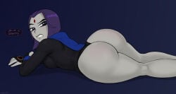 1girls 2d ass dc dc_comics female female_only grey_skin lying lying_down lying_on_stomach purple_hair raven_(dc) shadman solo solo_female tagme teen_titans thighs thong_leotard