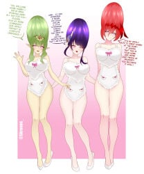 3girls alternate_hairstyle apron apron_only bare_legs bare_shoulders beehive_hair belt big_breasts blue_eyes blush bra breasts crossover cygames dialogue domestication english_text eye_color_change female female_pov femsub fire_emblem fire_emblem_awakening genshin_impact goddess godsworn_alexiel granblue_fantasy green_hair hair_ornament happy_trance heart heart_eyes high_heels housewife hypnosis hypnotized kronobas28 large_breasts legs miniskirt multiple_girls multiple_subs naked_apron nintendo open_mouth pink_eyes purple_hair raiden_shogun raiden_shogun_(genshin_impact) red_hair smile stepfordization symbol_in_eyes text tiki_(fire_emblem) updo