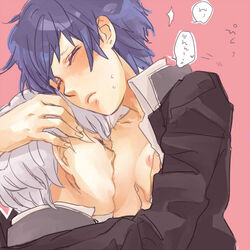 1boy 1girls blue_hair blush breast_grab breast_sucking breasts closed_eyes crossdressing female flat_chest fondling groping hug lowres male megami_tensei mhr narukami_yu nipples open_clothes open_shirt persona persona_4 purple_hair school_uniform seta_souji shirogane_naoto shirt short_hair straight tomboy white_hair