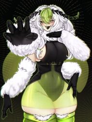 1girl 1girls absurdres antennae arthropod_girl black_leotard black_sclera breasts breedable_hips child_bearing_hips colored_sclera colored_skin curvy extra_arms female green_eyes green_hair hair_between_eyes highres hip_focus hips indie_virtual_youtuber insect_girl insect_wings juniper_actias juniper_actias_(space_invader) large_breasts leotard long_hair looking_at_viewer monster_girl moth_antennae moth_girl moth_wings neck_fur open_mouth reaching see-through_clothes see-through_skirt sideboob sitraell skirt solo thick thick_ass thick_thighs thigh_focus thighs tits twintails virtual_youtuber vtuber white_fur white_hair white_skin wide_hips wings