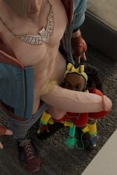 artherarts big_penis blonde_hair blue_eyes dark-skinned_female dark_skin ed_(street_fighter) female huge_cock interracial kimberly_jackson light-skinned_male light_skin long_penis male male/female massive_penis muscles muscular muscular_male pubic_hair street_fighter street_fighter_6 worship