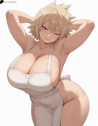 1girl 1girls ai_generated apron armpits arms_behind_head arms_up bakugou_mitsuki blonde_hair boku_no_hero_academia breasts cleavage closed_mouth collarbone curvy curvy_female head_tilt hi_res high_quality high_resolution highres huge_breasts leaning_forward light lips looking_at_viewer mature_female mitsuki_bakugou my_hero_academia no_bra no_panties no_pants nose one_eye_closed opal_nemy patreon_logo patreon_url patreon_username plain_background red_eyes self_upload shadow shiny shiny_hair shiny_skin short_hair simple_background smile solo thick_thighs thighs watermark white_apron white_background