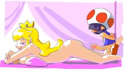 2006 blindfold blonde_hair bondage bound bound_wrists breasts cloth_gag condom female femdom gag human interspecies lying male male_ryona mario_(series) mask minus8 nintendo nude penis princess_peach restrained straight_hair tease teasing toad_(mario) torture uncensored