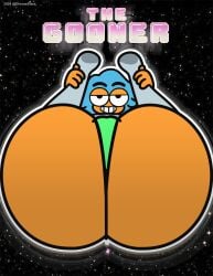 1girls 2025 accurate_art_style ass ass_focus back_view big_ass big_butt blue_hair cartoon_network clothed elmorestars female female_focus female_only flight_attendant_(the_amazing_world_of_gumball) gooning legs_up looking_at_viewer orange_body orange_skin panties smile solo solo_female solo_focus spread_butt string_panties text the_amazing_world_of_gumball the_wonderfully_weird_world_of_gumball