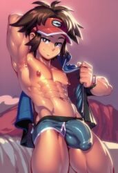 abs ai_generated arm_up bare_arms bare_legs bare_shoulders bare_thighs bedroom big_bulge briefs bulge game_freak gigiti light-skinned_male light_skin looking_at_viewer male_focus male_only muscles muscular muscular_male nate_(pokemon) nintendo pokemon pokemon_bw pokemon_bw2 pokemon_trainer sexy sexy_body smug smug_face solo solo_male standing trogiai underwear