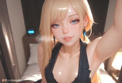 absurd_res ai_generated arm_up armpits artist_name artist_upload bare_shoulders bed bedroom black_bra blonde_hair blue_eyes blurry blurry_background bra breasts breath collarbone crossdressing doorway earrings eyelashes femboy femboy_focus feminine_male gay heavy_breathing hi_res indoors jewelry lamp lips long_hair looking_at_viewer more_at_source on_bed pandora parted_lips patreon patreon_logo patreon_username pillow pink_lips self_upload selfie shiny_skin small_breasts smile solo sweat transgender uncensored underwear upper_body watermark