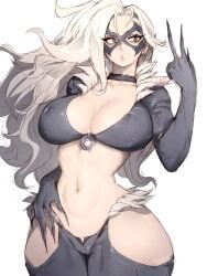 2026 black_cat_(marvel) blue_eyes breasts choker cleavage curvy domino_mask felicia_hardy fumio_(rsqkr) large_breasts marvel midriff navel simple_background spider-man_(series) very_long_hair white_background white_hair wide_hips