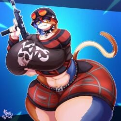 5_fingers anthro artist_name ass big_ass big_breasts big_thighs breasts cat_girl cat_tail catgirl clothed clothing female female_only fingers fortnite fur furry furry_only gigantic_ass gigantic_breasts gigantic_thighs gun huge_ass huge_breasts huge_thighs meow_skulls meow_skulls_(fortnite) nightlyflare sharp_teeth simple_background solo solo_female thick_hips thick_thighs thighs thunder_thighs tongue weapon wide_hips yellow_eyes