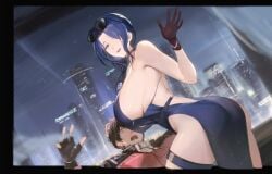 1boy 1girl :d absurdres ass assertive_female backless_dress backless_outfit bare_shoulders black_border black_gloves black_hair black_jacket blue_choker blue_dress blue_eyes blue_flower blue_hair blue_rose border breasts choker cityscape commander_(girls'_frontline) commentary curtained_hair dp-12_(girls'_frontline) dress dress_flower dutch_angle english_commentary evening_gown eyewear_on_head fingerless_gloves flower girls'_frontline girls'_frontline_2:_exilium gloves grey_eyes hair_between_eyes hair_over_shoulder halter_dress halterneck hand_up helen_(girls'_frontline_2) helen_(starlit_waltz)_(girls'_frontline_2) hetero highres huge_breasts indoors jacket jewelry long_hair looking_at_viewer multicolored_jacket night official_alternate_costume open_mouth red_jacket rose short_hair sideboob sidelocks sitting skindentation smile standing teeth thigh_strap twisted_torso two-tone_jacket upper_teeth_only window