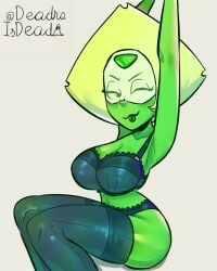 alien alien_girl arms_above_head big_breasts deadraisdead green_skin peridot_(steven_universe) steven_universe stockings tongue_out wink