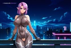 1girl ai_assisted ai_generated armor bare_shoulders black_bodysuit city cityscape clouds cowboy_shot crotchless curvy dark_theme detailed_pussy elbow_gloves fishnets gloves green_eyes hair_ornament high_contrast kagami_hirotaka koukawa_oboro looking_at_viewer neon_lights night night_sky outdoors pink_hair pointy_ears soft_shading taimanin_asagi_zero taimanin_suit thigh_gap visible_pussy