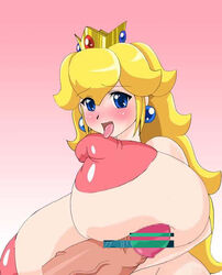 areolae blonde_hair blush breast_hold breast_lick breast_licking breast_squeeze breasts censored crown earrings erect_nipples female gigantic_breasts hat huge_breasts huge_cock huge_nipples human hyper_breasts jewelry large_areolae licking long_hair long_nipples male mario_(series) maruke nintendo nipple nipples nude penis princess princess_peach smile straight straight_hair tongue