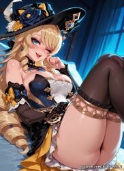 1girl 2026 ai_generated anime ass bangs bare_shoulders bed black_headwear black_panties black_thighhighs blonde_hair blue_eyes blush boobs breasts buttocks cleavage crossover detached_sleeves dress drill_hair earrings eye_contact female female_focus flower flushed genshin_impact gloves handwear hat hat_flower highres hoyoverse huge_breasts indoors inside jewelry knees_up large_breasts long_hair looking_at_viewer lying mihoyo moaning mole mole_under_eye navia_(genshin_impact) nsfw on_back on_bed one_eye_closed open_mouth panties patreon patreon_username rognezart shiny shiny_skin smile smiling solo strapless thick_thighs thighhighs thighs underwear upper_teeth_only very_long_hair window witch_hat
