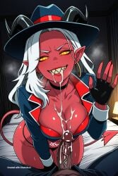 1_girl 1boy 4k 8k absurd_res african_male aged_down ai_assisted ai_generated all_the_way_to_the_base angry annoyed beautiful beautiful_eyes beautiful_face big_ass black_choker blacked brat bratty breath bubble_butt choker cleavage colored_sclera crimson_(helluva_boss) cum_dump cum_dumpster cum_filled cum_in_mouth cum_overflow cum_splatter cum_string curvy dark deepthroat demon_horns demon_tail detailed_background detailed_eyes detailed_face dim_lighting disgusted excessive_cum excessive_saliva fellatio fingernails forced_oral glaring glossy_lips glowing_eyes gushing_cum half_lidded_eyes head_tilt heavy_breathing helluva_boss high_quality horns red_skin white_hair yellow_sclera