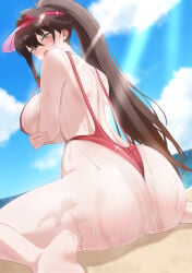 1girl absurdres arms_under_breasts ass back bare_shoulders barefoot beach blue_sky blush breasts brown_eyes brown_hair cloud crossed_arms earrings from_behind from_below goddess_of_victory:_nikke highres jewelry large_breasts lifeguard long_hair looking_at_viewer looking_down marciana_(marine_study)_(nikke) marciana_(nikke) ocean official_alternate_costume outdoors ponytail red_slingshot_swimsuit red_visor_cap sitting sky slingshot_swimsuit solo swimsuit very_long_hair visor_cap wariza water wet