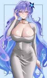 absurdres alternate_costume black_choker blue_flower blush breasts cantarella_(wuthering_waves) choker cleavage closed_mouth commentary covered_navel dongtan_dress dress english_commentary facial_mark flower grey_dress hair_between_eyes hair_flower hair_ornament highres jewelry large_breasts long_hair looking_at_viewer mark_under_eye mole mole_under_eye purple_hair smile solo tamanegi20 taut_clothes taut_dress very_long_hair wuthering_waves