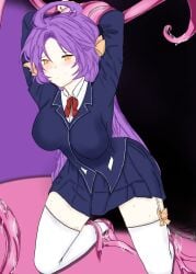 1girl 1girls amy_(lhms) blush held_up jaki kneeling lhms2 neriki orange_bow purple_hair red_tie restrained school_uniform schoolgirl skirt skirt_lift straddling sweat tentacle tentacles thighhighs things tied_up uniform_female white_thighhighs yellow_eyes