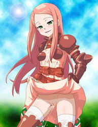 female female_only final_fantasy final_fantasy_tactics_advance gauntlets green_eyes hair_ornament hairclip hou_(hachiyou) human lens_flare no_panties peeing pink_hair pussy red_armor ritz_malheur skirt skirt_lift smile solo thighhighs uncensored