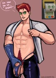 1boy bulge bulge_grab fit_male flirting foreskin freckles ginger_hair ginger_pubic_hair glasses green_eyes handsome humanized kinkysoldiers latex_clothing latex_gloves latex_pants male_focus muscular_male pasties penis smarty_pants_(toy_story) thong toy_story
