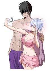 1boy 1girls bikini canon_genderswap cleavage female genderswap_(mtf) ginko_sakata gintama gintoki_sakata jacket_on_shoulders looking_at_viewer male medium_breasts muscular_male peace_sign phone pink_bikini red_eyes rule_63 sarong selfie shaded_face short_hair sweatshirt swimsuit takasugi_shinsuke topless_male v_sign white_hair wink