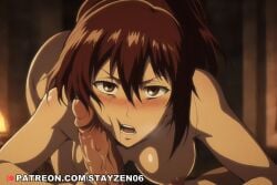 1boy 1girl ai ai_art ai_generated all_fours anime_coloring blush breasts brown_eyes brown_hair cheek_press completely_nude erection hair_between_eyes hetero indoors large_breasts looking_at_viewer medium_breasts nipples nude open_mouth penis penis_on_face ponytail pov saliva sasha_braus shingeki_no_kyojin solo_focus uncensored veins veiny_penis