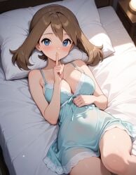 ai_generated bare_arms bare_legs bed_sheet bedroom big_breasts blue_eyes blue_nightgown blush brown_hair cleavage finger_on_mouth from_above indoors lamp lying lying_on_back lying_on_bed may_(pokemon) morning_light nightgown on_back on_bed pillow pokemon shushing
