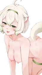 1girl :p ahoge all_fours animal_ears breasts collarbone eyebrows_visible_through_hair green_eyes green_hairband hair_between_eyes hairband laimu looking_at_viewer nipples nude short_hair solo striped_background tail tongue tongue_out white_hair