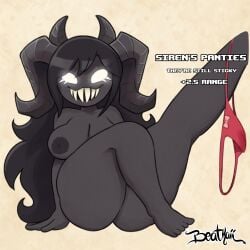 black_body black_hair dark_nipples demon_girl demon_horns demon_humanoid goth_girl highres huge_ass huge_breasts innocent looking_at_viewer meta panties_down panties_removed red_panties smirk smirking smirking_at_viewer succubus the_binding_of_isaac the_siren_(the_binding_of_isaac) wet_panties white_eyes