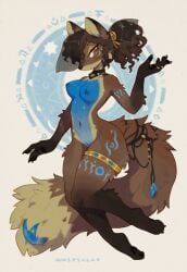 1girl animal_ears black_hair black_skin blue_eyes breasts claws collar full_body furry hair_over_one_eye jewelry looking_at_viewer medium_breasts navel nipples short_hair solo tail wolf_ears