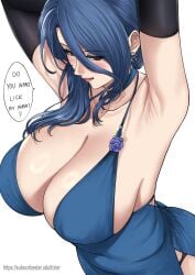 1girl absurdres armpits black_gloves blue_dress blue_eyes blue_hair blush breasts cleavage collarbone commentary dp-12_(girls'_frontline) dress earrings elbow_gloves female female_only girls'_frontline girls'_frontline_2:_exilium gloves helen_(girls'_frontline_2) helen_(starlit_waltz)_(girls'_frontline_2) highres jewelry large_breasts long_hair looking_at_viewer presenting_own_armpit smile solo tongue tongue_out untranslatable_commentary xter