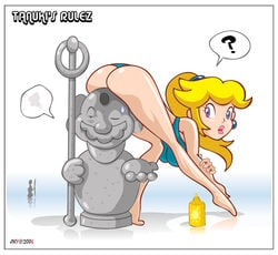 1boy 1girls ? ass bikini blonde_hair blue_eyes earrings female human jewelry jiky lotion male mario mario_(series) mustache nintendo parody ponytail princess princess_peach smile statue straight straight_hair suntan_lotion super_mario_bros._3 surprised sweatdrop swimsuit tanooki_mario thong tied_hair wink