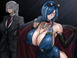 2girls absurdres ak-15_(girls'_frontline) blue_choker blue_flower blue_hair blue_rose braid breasts choker dp-12_(girls'_frontline) dress dress_shirt evening_gown flower girls'_frontline girls'_frontline_2:_exilium grey_hair hair_over_one_eye hair_over_shoulder halter_dress halterneck helen_(girls'_frontline_2) helen_(starlit_waltz)_(girls'_frontline_2) highres huge_breasts jewelry large_breasts multiple_girls necklace necktie rose shirt slavsegger standard_manufacturing_dp-12 suit sunglasses voymastina_(girls'_frontline_2) yuri