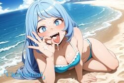 1girl ai_assisted ai_generated anime_coloring anime_screenshot arm_support awaiting_cum beach beautiful_eyes blue_eyes blue_hair blue_sky cleavage cloud cum_in_hair cum_on_face cum_on_hands detailed_background detailed_eyes detailed_face feet_out_of_frame fellatio_gesture full_body hadou_nejire hand_on_own_cheek hand_on_own_face head_rest high_contrast high_detail kneeling looking_at_viewer lying mature_female my_hero_academia naked navel on_side open_mouth oral_invitation outdoors perfect_body sand smile swimsuit tongue_out v view_from_above water waves white_pupils