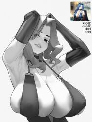 1girl absurdres areola_slip armpits black_gloves breast_focus breasts choker cleavage commentary dp-12_(girls'_frontline) dress elbow_gloves english_commentary evening_gown girls'_frontline girls'_frontline_2:_exilium gloves greyscale grmm halterneck helen_(girls'_frontline_2) helen_(starlit_waltz)_(girls'_frontline_2) highres huge_breasts large_areolae lips long_hair monochrome reference_inset