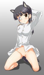 animal_ear black_hair blush bottomless brown_eyes clothing eye_patch no_panties pointy_chin pussy sakamoto_mio strike_witches tail testa uncensored